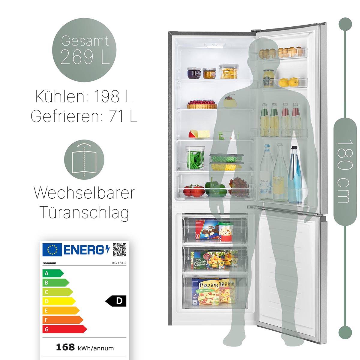 Bomann Kühl-/Gefrierkombination KG 184.2 Edelstahl-Optik, 269 L