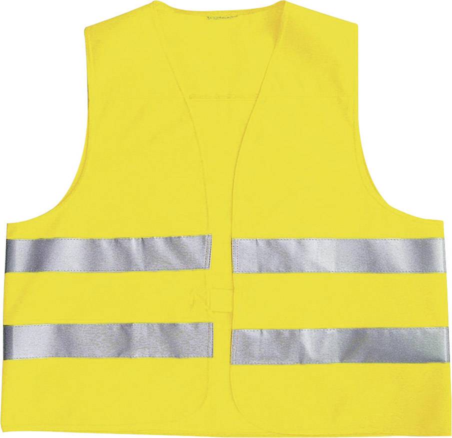 Gelbe Sicherheitsweste mit zwei horizontalen reflektierenden Streifen auf Vorderseite.