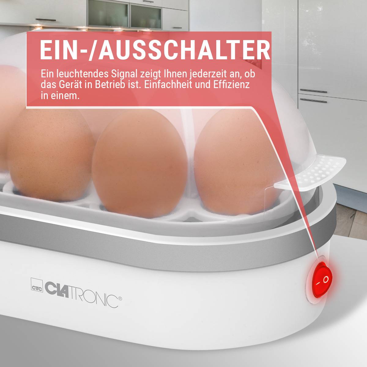 Clatronic EK3497 Eierkocher mit Eierstecher, mit Messbecher Weiß