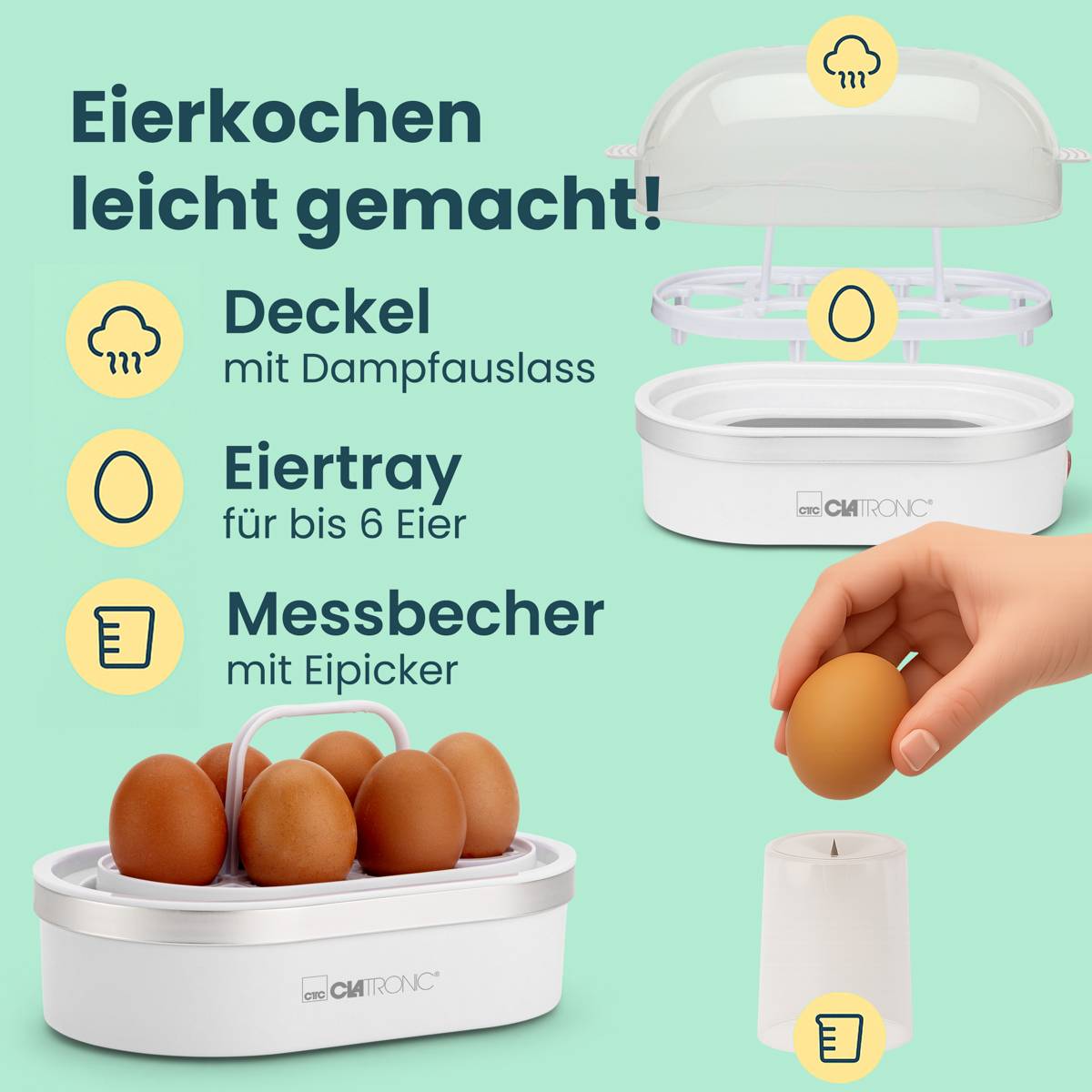 Clatronic EK3497 Eierkocher mit Eierstecher, mit Messbecher Weiß