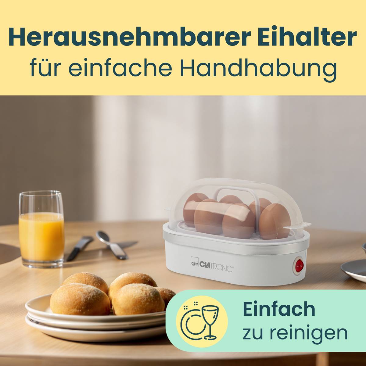 Clatronic EK3497 Eierkocher mit Eierstecher, mit Messbecher Weiß