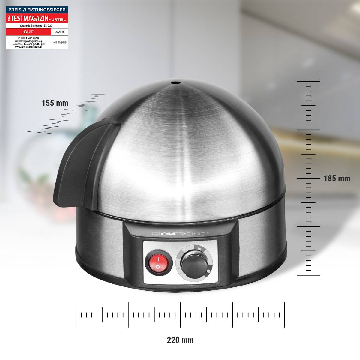 Clatronic EK3321 Eierkocher mit Eierstecher, mit Messbecher Edelstahl (gebürstet)