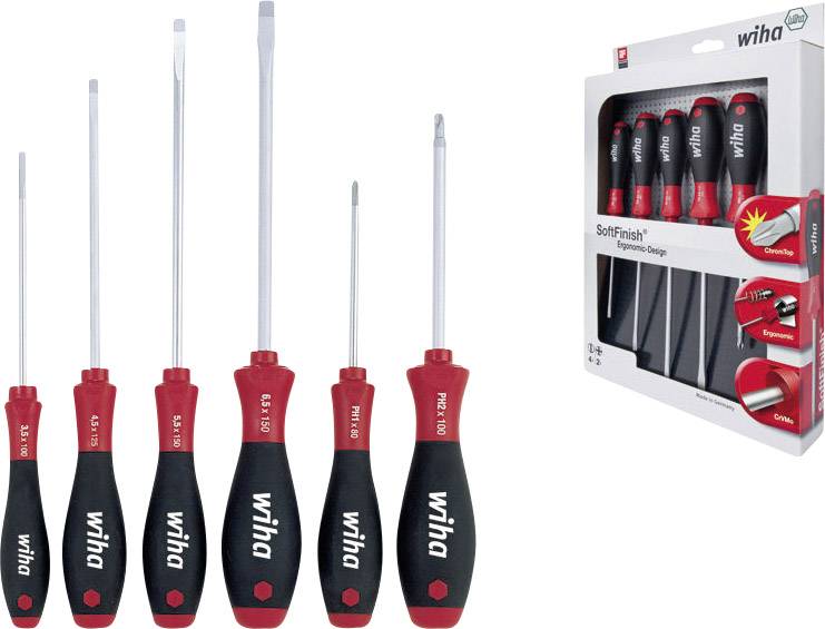 'Wiha' Schraubenzieher-Set mit ergonomischen Griffen, bestehend aus fünf verschiedenen Größen, neben der Produktverpackung abgebildet.