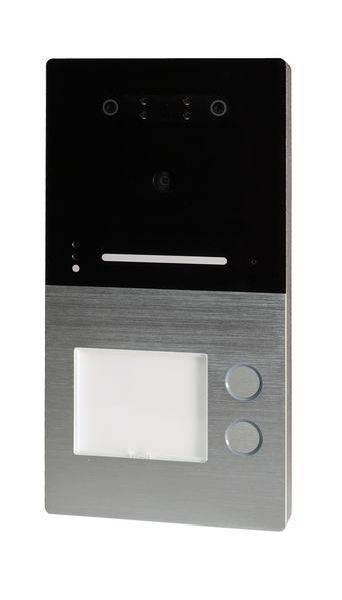 Türsprechanlage mit Kamera, Lautsprecher und zwei Tasten in einem modernen, rechteckigen Design.