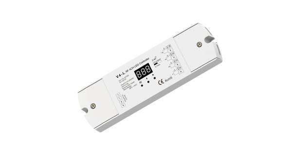 Ein weißer LED-Controller mit digitaler Anzeige und Tasten zur Steuerung der Helligkeit. CE-Zeichen und Produktinformationen sind sichtbar.