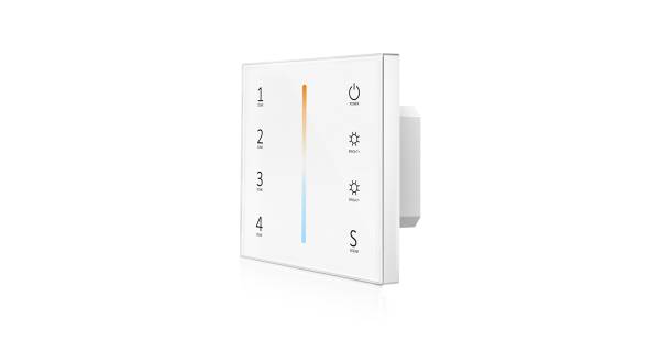 Ein digitales Thermostat mit einem vertikalen Temperaturregler in der Mitte und Bedienelementen für vier Programme auf der linken Seite.