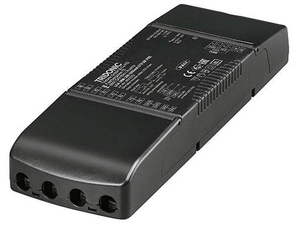 Schwarzes rechteckiges LED-Vorschaltgerät mit gedruckten technischen Daten und Markennamen auf der Oberfläche. Vier Anschlussöffnungen sichtbar.