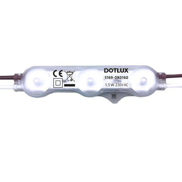 LED-Modul mit drei leuchtenden Dioden, Beschriftung 'DOTLUX 5169-0X0160, 1,5 W 230V AC', zeigt technische Details.