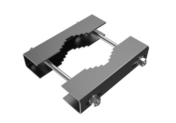 Metallklemme mit zwei parallelen Schienen, gehalten durch Schrauben und Muttern seitlich. Geeignet für Befestigungsanwendungen.