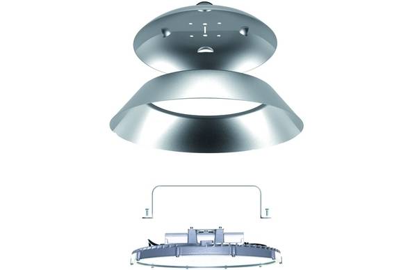 Industrieleuchte in Einzelteilen: Ein runder Schirm, eine Halterung und elektronische Komponenten. Zeigt Aufbau und Zusammensetzung.