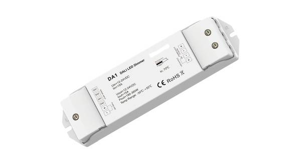DALI-LED-Dimmer mit technischem Gehäuse, Modell 'DA1', zeigt Anschlussklemmen und Markierungen 'MP 04/22', 'DALI', 'AC 100-240V'.