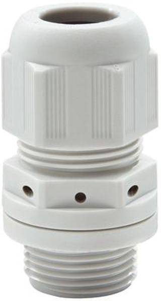 Ein weißer Kabelverschraubungseinsatz mit geripptem Schraubgewinde, geeignet zur Abdichtung und Sicherung von Kabeln in elektrischen Anlagen.