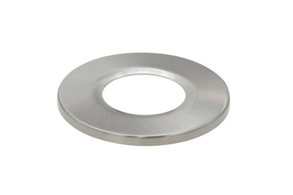 Silberne Metallscheibe mit zentralem Loch, glatt poliert.
