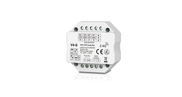 LED-Controller mit mehreren Anschlussmöglichkeiten, 2,4 G Wireless-Technologie, Modell V4-S, für Lichtsteuerung geeignet.