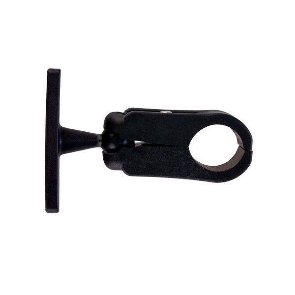 Schwarzer Mikrofonhalter aus Kunststoff, seitlich, mit kreisförmiger Öffnung und flachem Sockel.