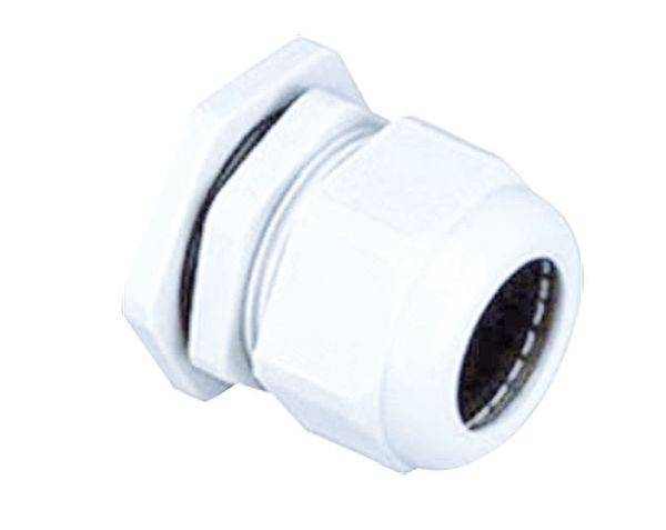 Ein weißer Kabelverschraubung, hexagonale Form mit Gewinde und Dichtungsring, geeignet für Kabeldurchführungen in technischen Anwendungen.
