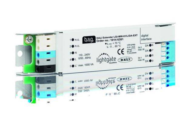 'DALI Extender' Gerät mit digitalem Interface und technischen Spezifikationen, geeignet für Steuerung und Erweiterung von Beleuchtungssystemen.