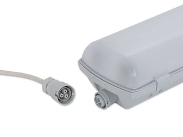 LED Feuchtraumleuchte und Anschlusskabel. Ideal für feuchte, staubige Umgebungen wie Garagen und Keller.