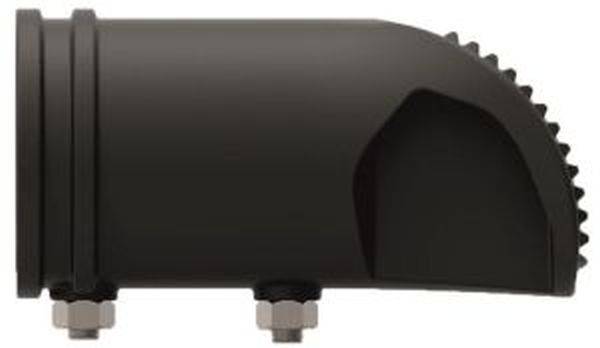 Ein schwarzes technisches Bauteil mit zwei Metallbolzen an der Unterseite und einer gezackten Kante auf der rechten Seite.