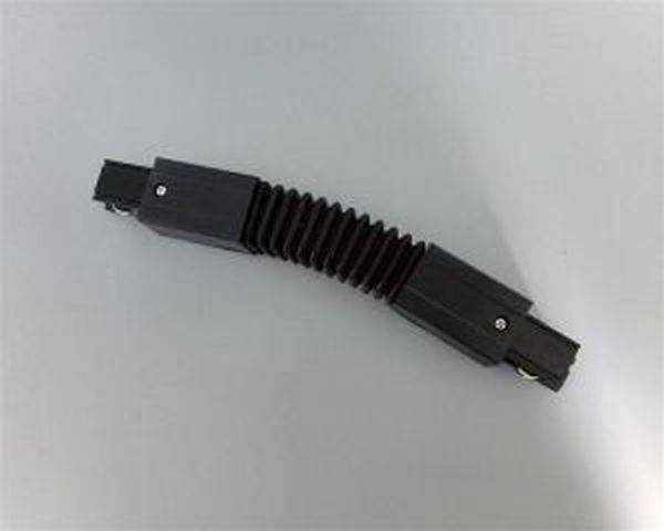 Schwarzer flexibler Kunststoffverbinder mit geriffelter Mitte, liegt diagonal auf grauem Hintergrund.