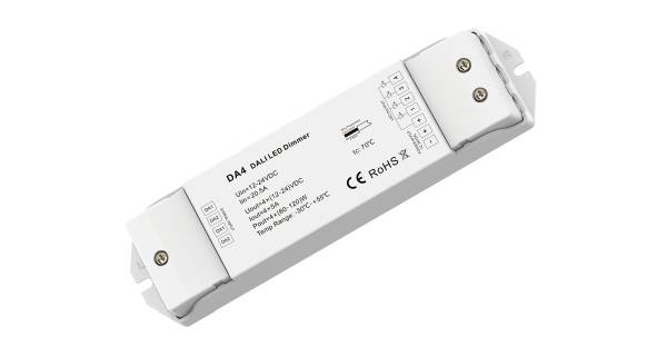 Weißer DA1 DAULED Dimmer mit technischen Spezifikationen und Logos bedruckt. Rechteckige Form mit Anschlussstellen an beiden Enden.
