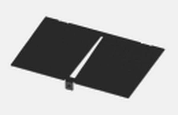 Ein schwarzes, rechteckiges Objekt mit einem vertikalen Einschnitt in der Mitte, auf grauem Hintergrund.