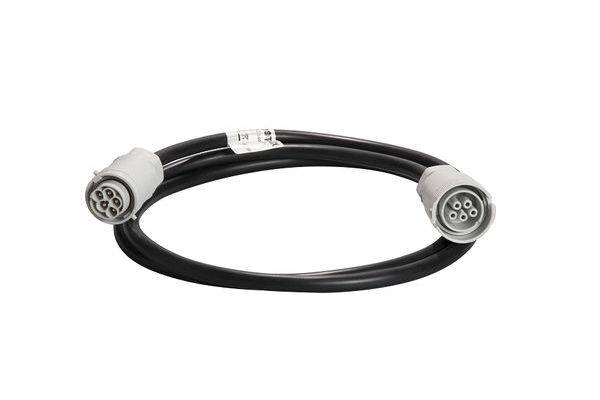 Ein schwarzes Kabel mit runden, grauen Steckanschlüssen an beiden Enden, geeignet für Elektrofahrzeuge zum Aufladen.