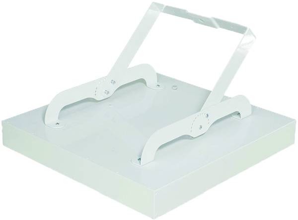 Ein weißer Metall-Deckel mit zwei klappbaren Bügeln, der möglicherweise für eine Boden- oder Deckenöffnung verwendet wird.