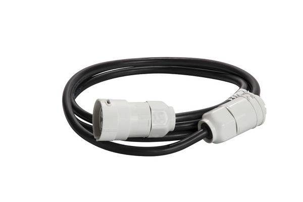 Ein schwarzes Kabel mit weißen Steckverbindungen an beiden Enden, geeignet für den Anschluss von elektronischen Geräten oder zur Stromversorgung.