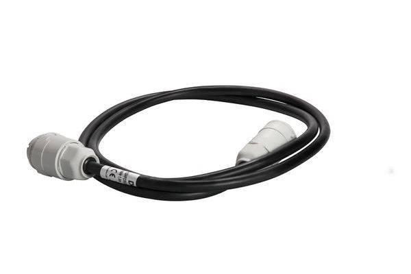 Ein schwarzes Kabel mit weißen Anschlüssen an beiden Enden, auf einer weißen Oberfläche liegend.