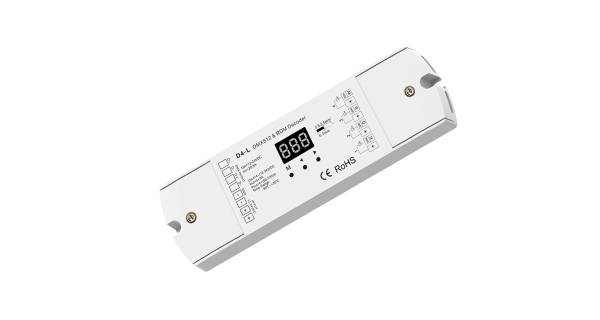 Ein weißer DALI-Dimmer mit digitalem Display und Bedienelementen. Er hat mehrere Anschlüsse und ist mit CE- und RoHS-Zertifikaten gekennzeichnet.