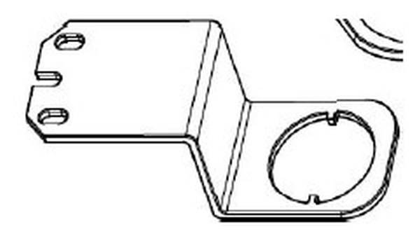Technische Zeichnung eines Metallwinkels mit Befestigungslöchern links und einer kreisförmigen Aussparung rechts.