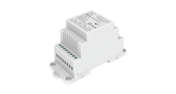 Ein weißes, rechteckiges DIN-Schienenmodul mit mehreren Anschlussklemmen an der Seite. Auf der Oberseite befinden sich technische Spezifikationen.