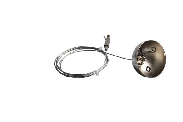 Kabelaufhängungssystem mit Metall-Halterung und Drahtseil, verwendet zur sicheren Installation von Beleuchtung oder Deckenplatten.