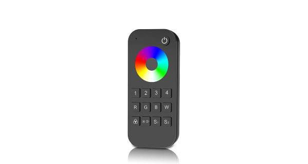 Handfernbedienung mit buntem Farbrad und Tasten zur Steuerung von Farben und Helligkeit, geeignet für Beleuchtungssysteme.