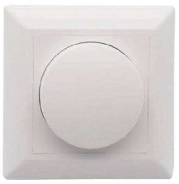 Ein weißer Dimmerschalter an einer Wand, verwendet zur Regulierung der Lichtintensität in einem Raum.