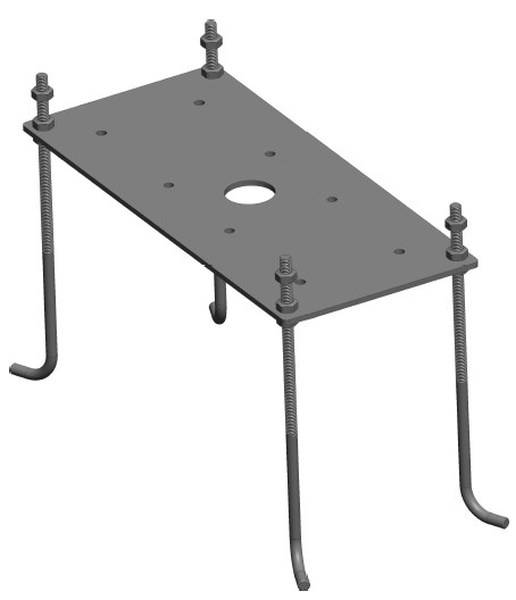 Metallplatte mit zentralem Loch und vier abstehenden Schrauben an den Ecken.