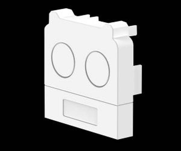 Ein weißer, stilisierter Roboterkopf mit zwei Kreisen als Augen und einem rechteckigen Mund auf schwarzem Hintergrund.