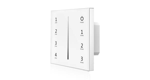 Ein weißes, quadratisches Bedienfeld mit Touchscreen zeigt vier Zonen- und Szenekontrollen. Ein Power-Symbol oben rechts.