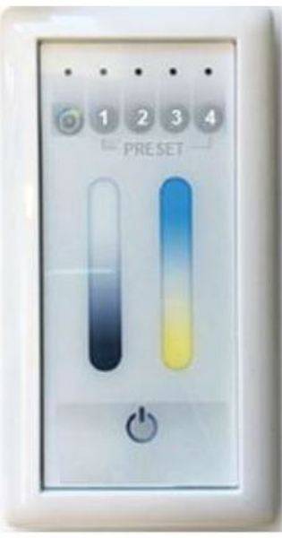 Ein Wandlichtschalter mit vier voreingestellten Optionen, einem vertikalen Farb- und Helligkeitsregler sowie einem Ein-/Ausschalter.