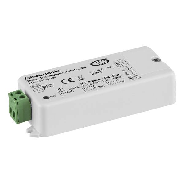 Ein weißer Zigbee-Controller mit technischen Spezifikationen aufgedruckt. Links befindet sich ein grüner Anschlussblock.