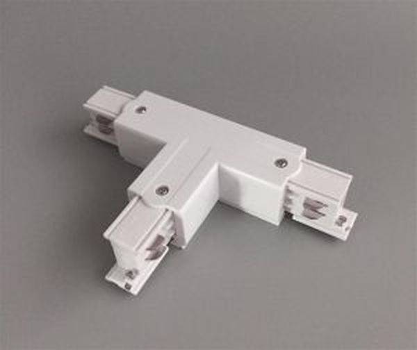 Weiße T-Schiene für Beleuchtungssysteme, zum Verbinden von Schienen in drei Richtungen.