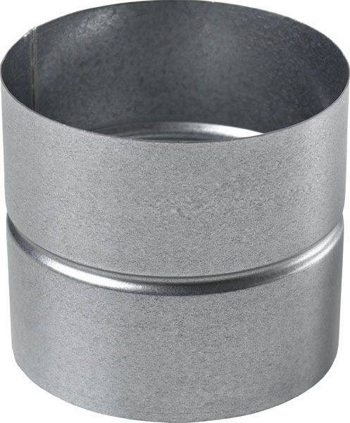 Ein Metallrohrverbinder aus Stahl mit zylindrischer Form. Er hat eine glatte Oberfläche und wirkt robust.