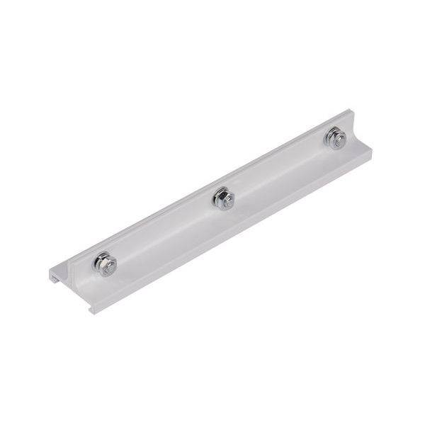 Ein weißer, rechteckiger LED-Profilsockel mit drei runden Befestigungsschrauben.