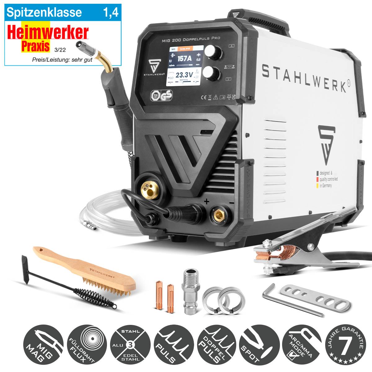 STAHLWERK Schweißgerät MIG MAG 200 Doppelpuls Pro vollsynergisches 200 Ampere