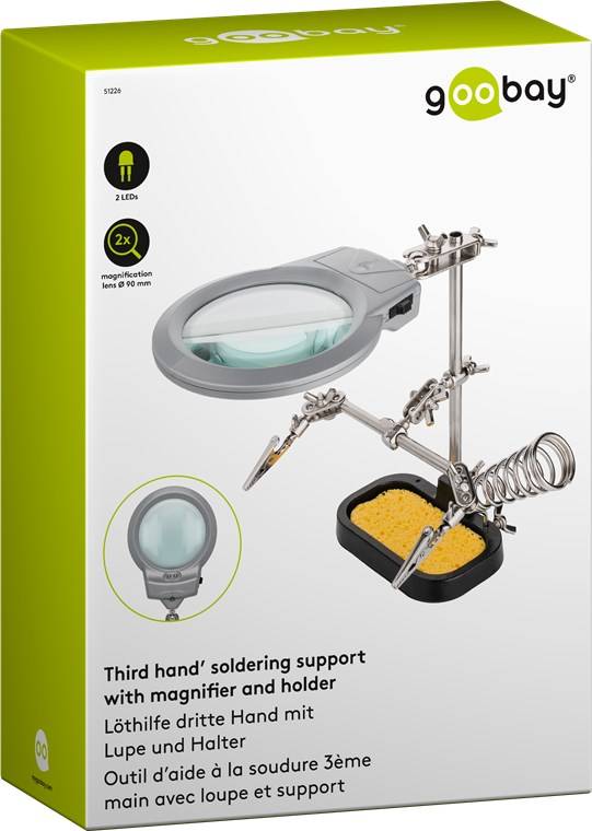 Goobay 51226 Dritte Hand mit LED Licht & Lupe Löthalterung Löthilfe Platinenhalter mit Lötkolben Halter & Krokodilklemme