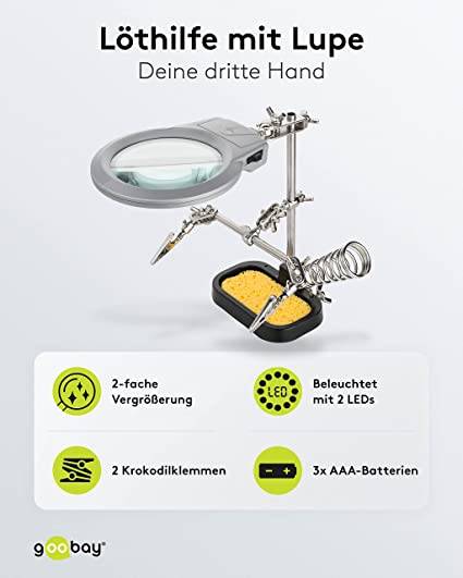 Goobay 51226 Dritte Hand mit LED Licht & Lupe Löthalterung Löthilfe Platinenhalter mit Lötkolben Halter & Krokodilklemme