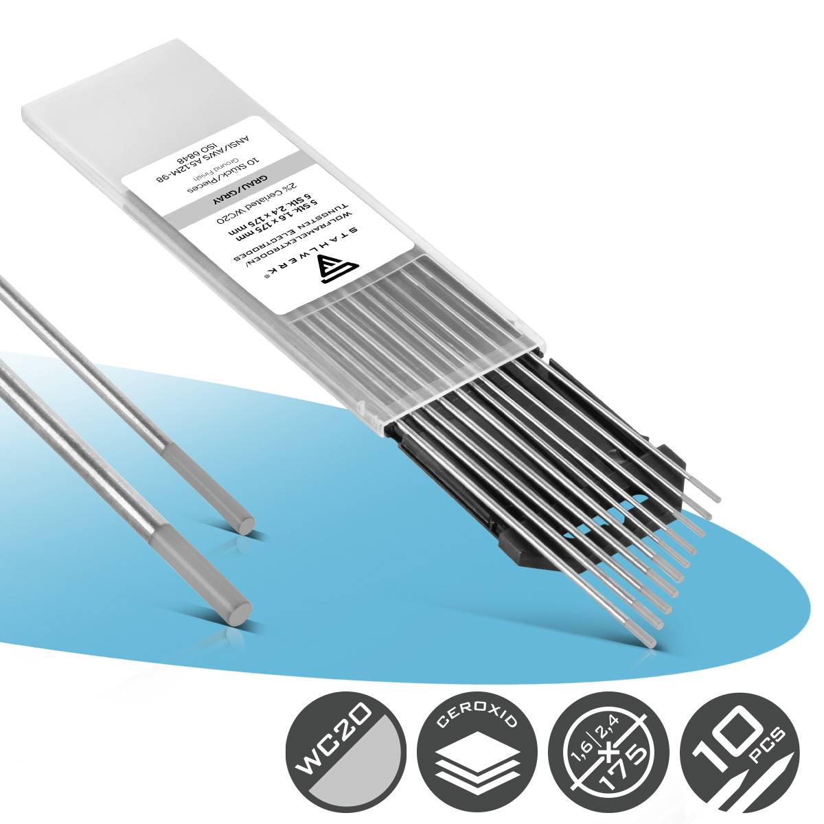 STAHLWERK Wolframelektroden WC20 grau im Set - 5 x 1,6 mm + 5 x 2,4 mm
