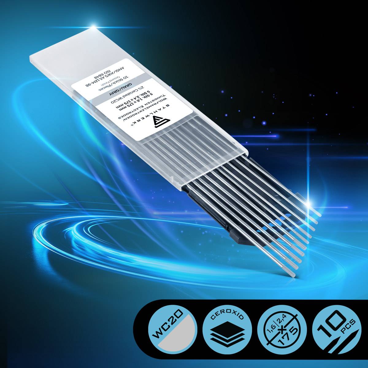 STAHLWERK Wolframelektroden WC20 grau im Set - 5 x 1,6 mm + 5 x 2,4 mm