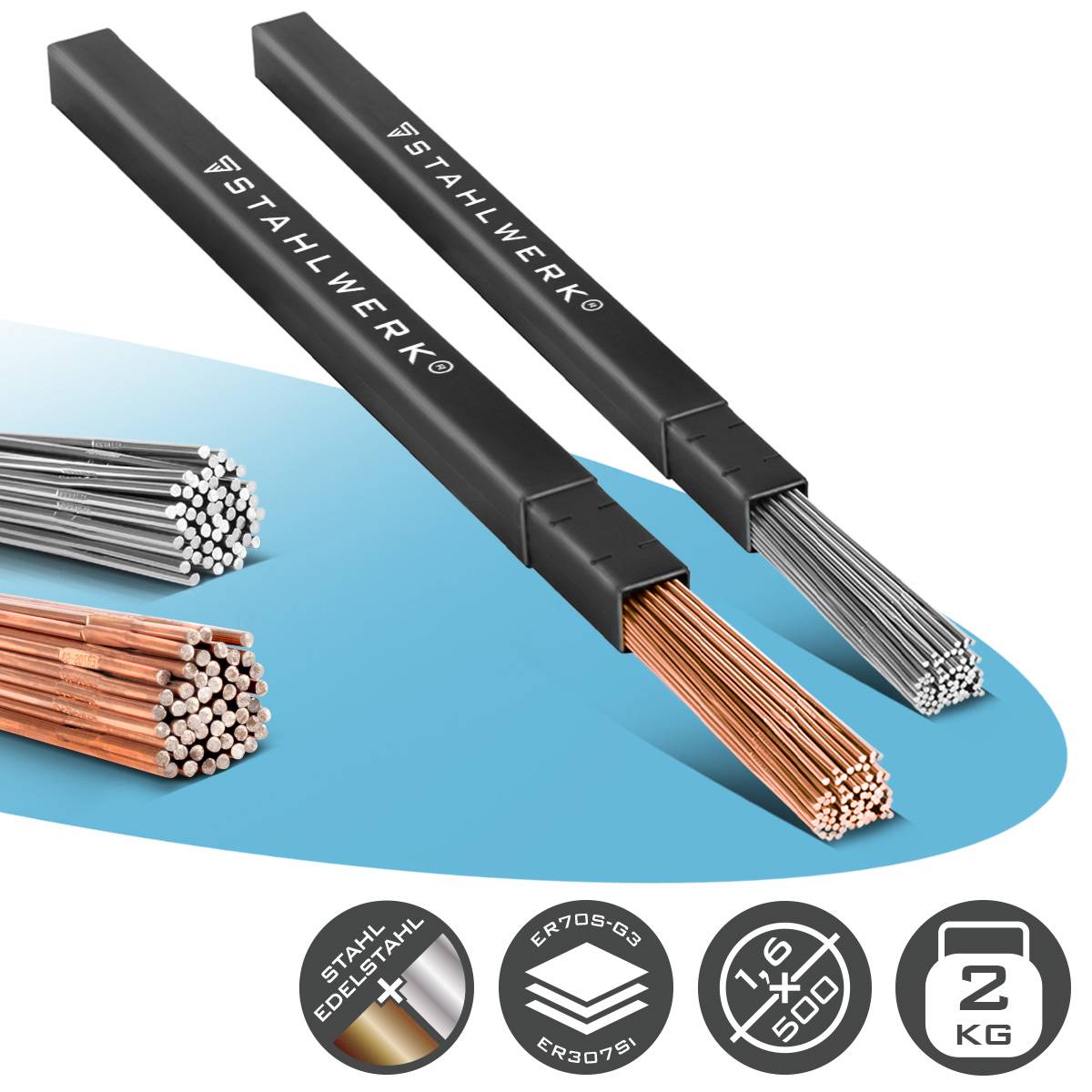 STAHLWERK Schweißstäbe WIG Set Stahl und Edelstahl 1,6 mm x 500 mm je 1 kg